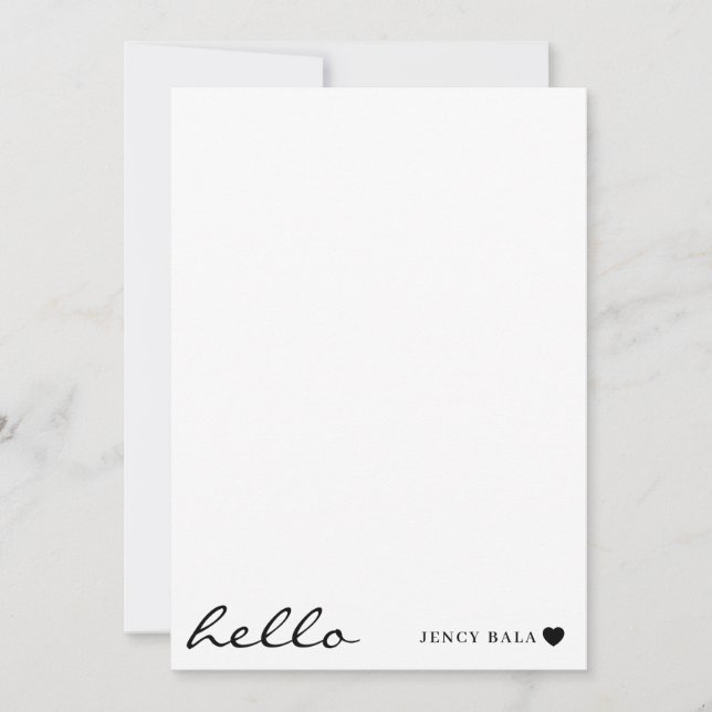 White Minimal Hello | Clean Modern Heart Design Note Card (Front)