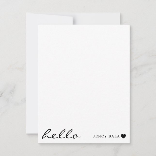White Minimal Hello | Clean Modern Heart Design Note Card (Front)
