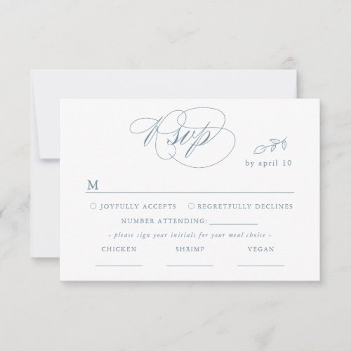 White Minimal Leaf Blue Font  QR Code RSVP Card