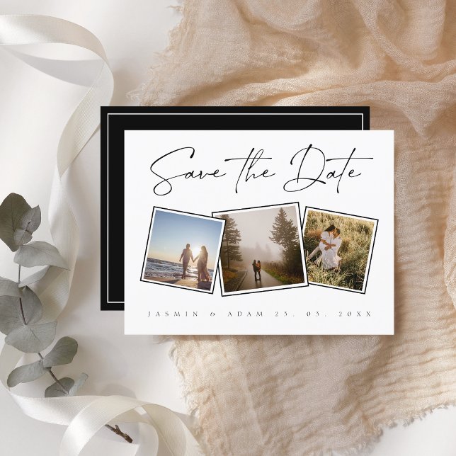 White Minimal Photo Collage Wedding Save the Date Announcement Postcard (Creator Uploaded)