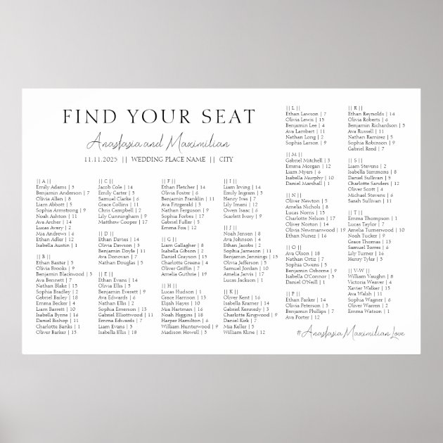 White Minimal Wedding Alphabetical Seating Chart