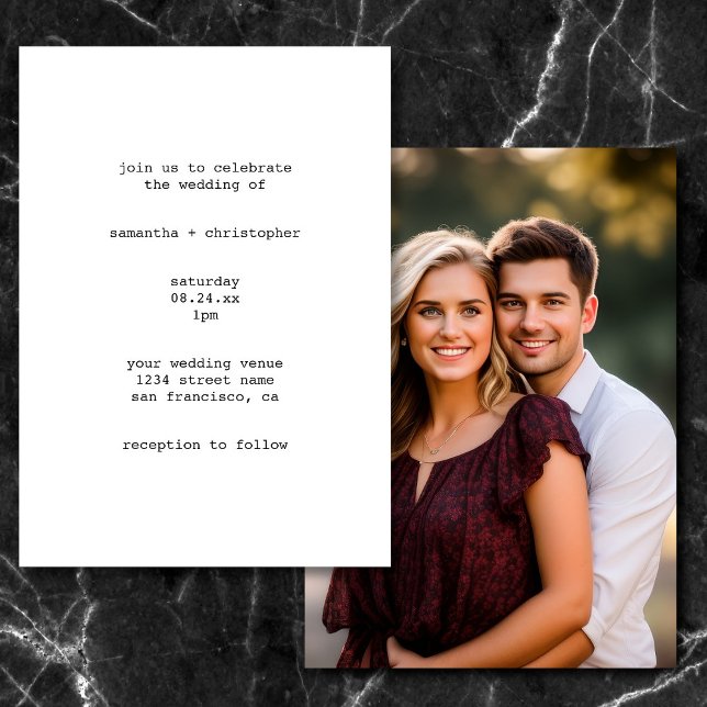 White Minimalist Avant-Garde Photo on Back Wedding Invitation (Front/Back)