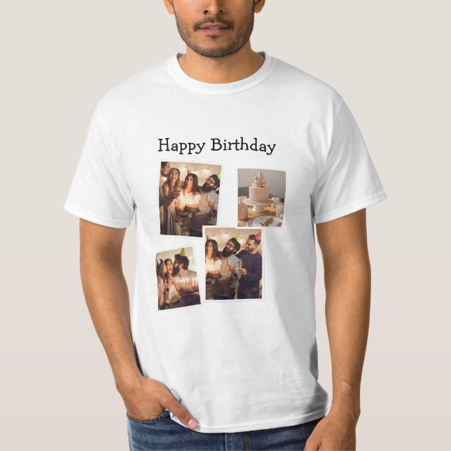 White Minimalist Birthday Photo Collage T-Shirt (Front)