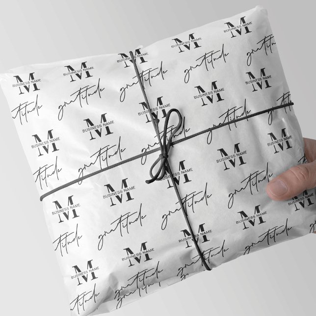 White Minimalist Business Monogram Logo Pattern Tissue Paper (Trendy black and white business tissue paper with your monogram and script 'gratitude' text pattern)