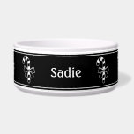 White Minimalist Candy Cane On Black With Name Bowl<br><div class="desc">Destei's original white line art silhouette design of a Christmas candy cane decorated with a large bow. There is also a personalizable text area for a name. The background color is black and the design is framed by black and white top and bottom borders.</div>