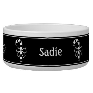 White Minimalist Candy Cane On Black With Name Bowl