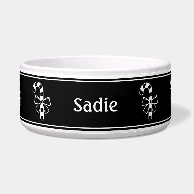 White Minimalist Candy Cane On Black With Name Bowl (Front)