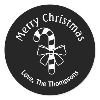 White Minimalist Candy Cane On Black With Text Classic Round Sticker