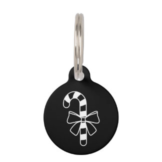 White Minimalist Candy Cane With A Bow On Black Pet ID Tag
