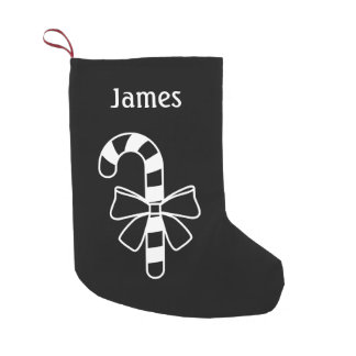 White Minimalist Candy Cane With A Bow On Black Small Christmas Stocking