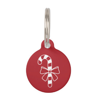 White Minimalist Candy Cane With A Bow On Red Pet ID Tag