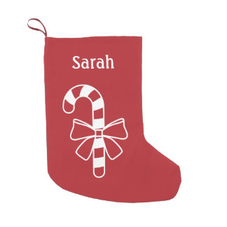 White Minimalist Candy Cane With A Bow On Red Small Christmas Stocking