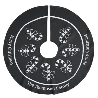 White Minimalist Candy Canes On Black With Text Brushed Polyester Tree Skirt