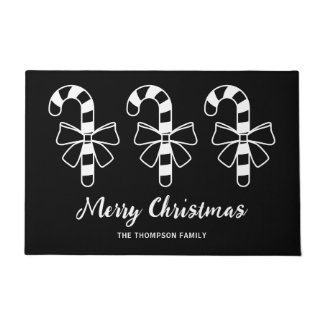 White Minimalist Candy Canes On Black With Text Doormat