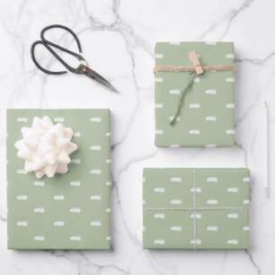 White Minimalist Dashes on Sage Green Wrapping Paper Sheets