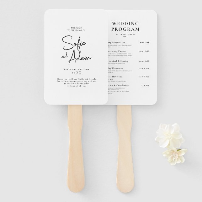 White Minimalist Elegant Wedding Program Hand Fan (Front and Back)