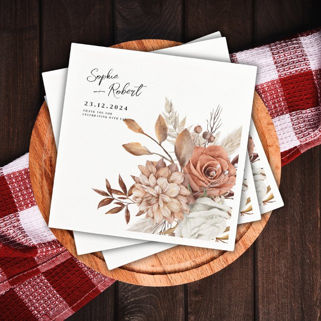 White Minimalist Fall Floral Bouquet Wedding Napkins (Creator Uploaded)
