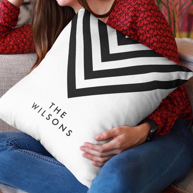 White Minimalist Family Name Black Chevron Throw Pillow (Creator Uploaded)