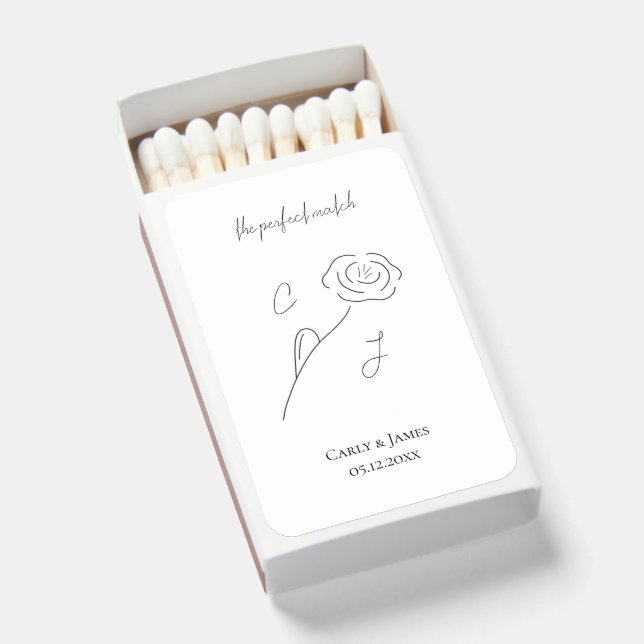 White Minimalist Flower Monogram Wedding Favor Matchboxes (Front Open)