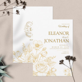 White Minimalist Gold Floral Elegant Wedding Invitation