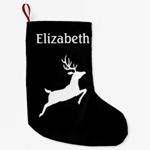 White Minimalist Leaping Deer Silhouette On Black Small Christmas Stocking