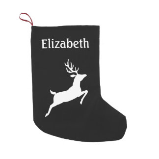 White Minimalist Leaping Deer Silhouette On Black Small Christmas Stocking