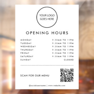White Minimalist Logo Opening Times QR Code Window Cling
