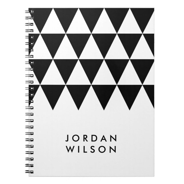 White Minimalist Modern Black Triangle Pattern Notebook (Front)