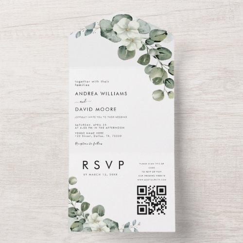 White Minimalist Modern Eucalyptus QR Code Wedding All In One Invitation