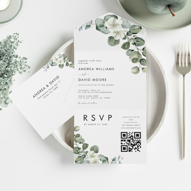 White Minimalist Modern Eucalyptus QR Code Wedding All In One Invitation (Creator Uploaded)