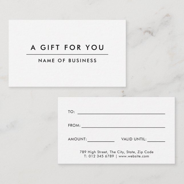 White Minimalist Modern Gift Certificate Note Card (Front/Back)