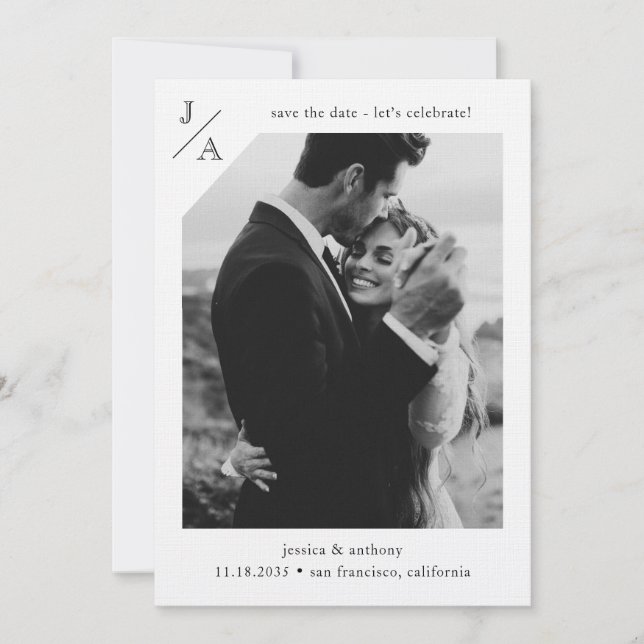 White Minimalist Modern Monogram Photo Celebrate Save The Date (Front)