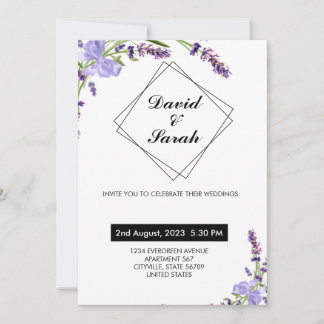 White minimalist & modern wedding purple flower invitation
