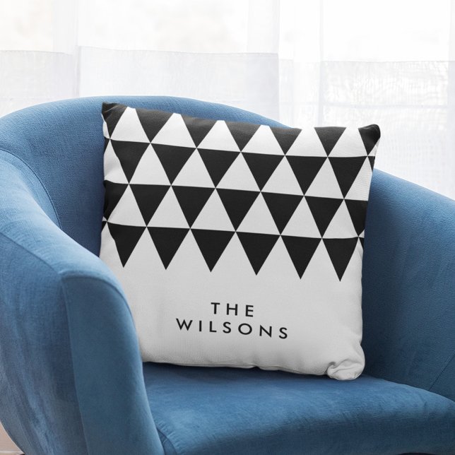 White Minimalist Name Black Triangle Pattern Throw Pillow (Creator Uploaded)