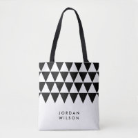 White Minimalist Name Black Triangle Pattern Tote Bag