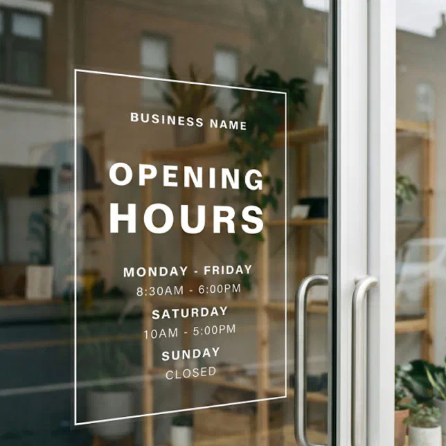 White Minimalist Opening Hours with Business Name Window Cling | Zazzle