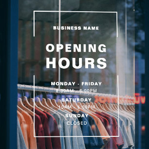 White Minimalist Opening Hours with Business Name Window Cling