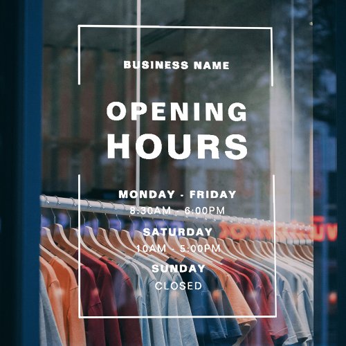 White Minimalist Opening Hours with Business Name Window Cling