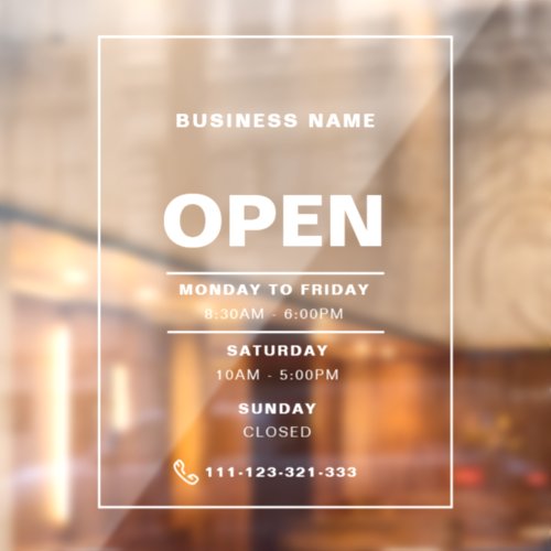 White Minimalist Opening Hours with Company Name Window Cling