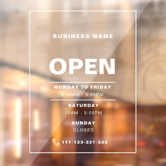 White Minimalist Opening Hours with Company Name Window Cling (Sheet 2)