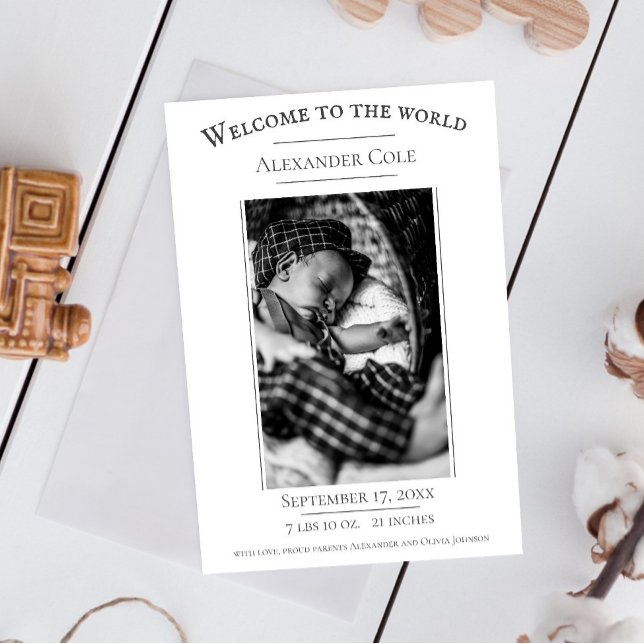 White Minimalist Photo Birth Announcement (White Minimalist Photo Birth Announcement)