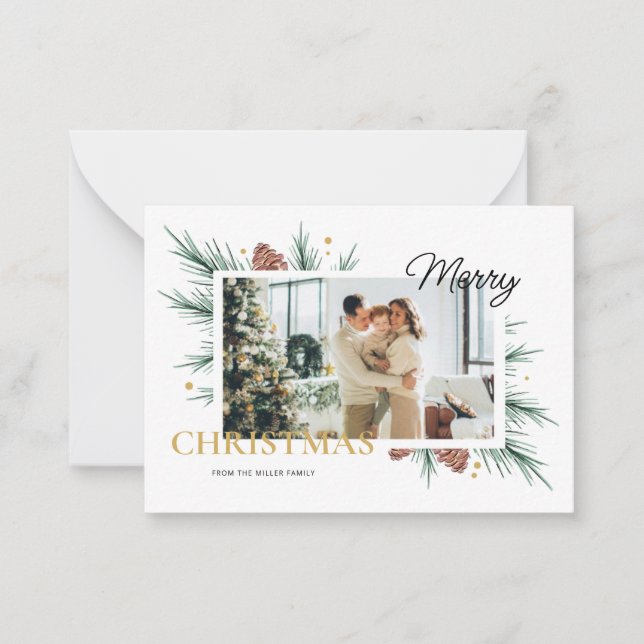 White Minimalist Photo Frame Merry Christmas Print Note Card (Front)