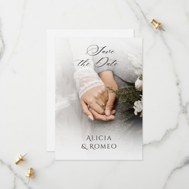 White Minimalist photo wedding Save The Date (Front/Back In Situ)