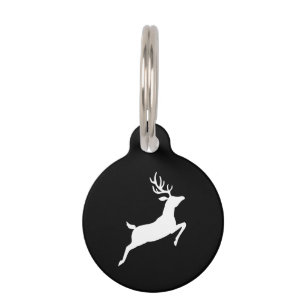 White Minimalist Reindeer Jumping Forward On Black Pet ID Tag