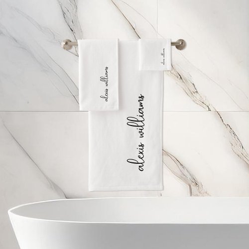 White Minimalist Script Signature Monogram Bath Towel Set