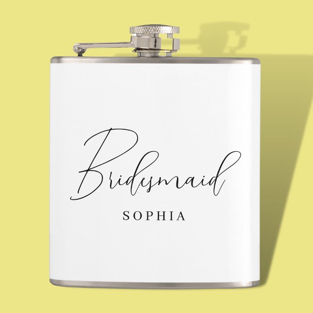 White Minimalist Script Typography Bridesmaid Flask (Creator Uploaded)