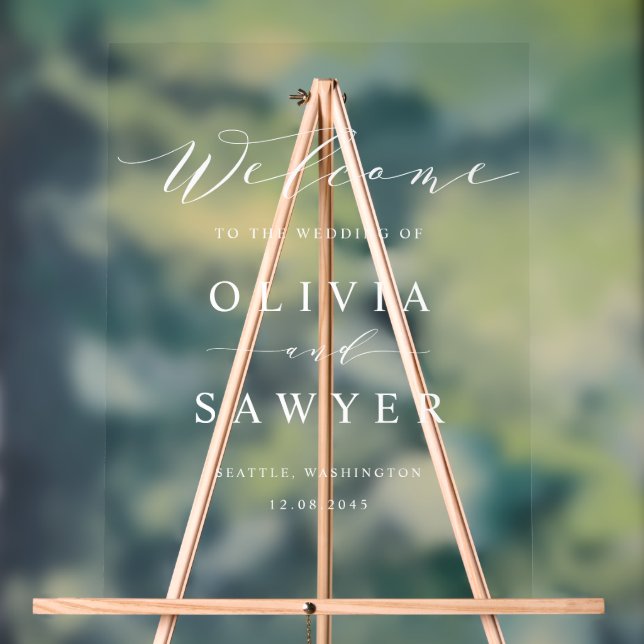 White Minimalist Script Wedding Welcome Acrylic Sign (Neutral)
