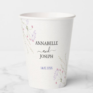 White Minimalist watercolor flowers wedding Paper Cups