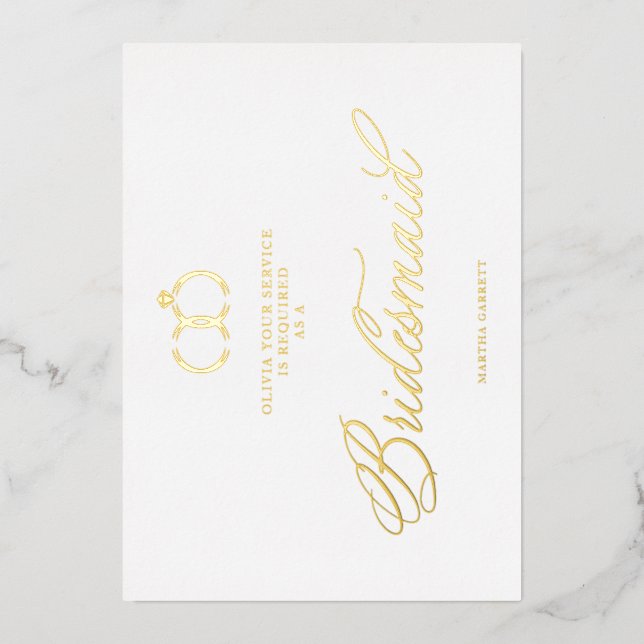 White Minimalist Wedding Rings Bridesmaid Luxury Foil Invitation (Front)
