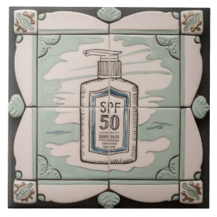 White & Mint Blue Sunscreen Lotion Funny Bathroom Ceramic Tile
